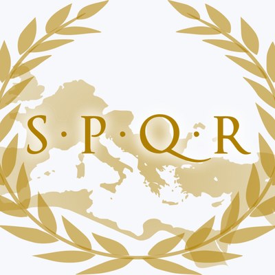 Couronne de lauriers dorée entourant le sigle SPQR